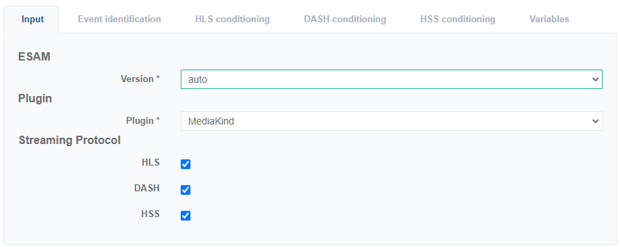 Input tab configuration example with 3 streaming protocols selected