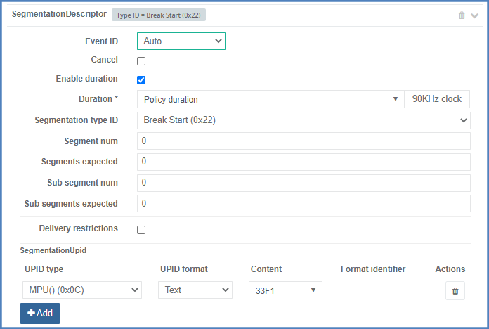 Segmentation descriptor configuration